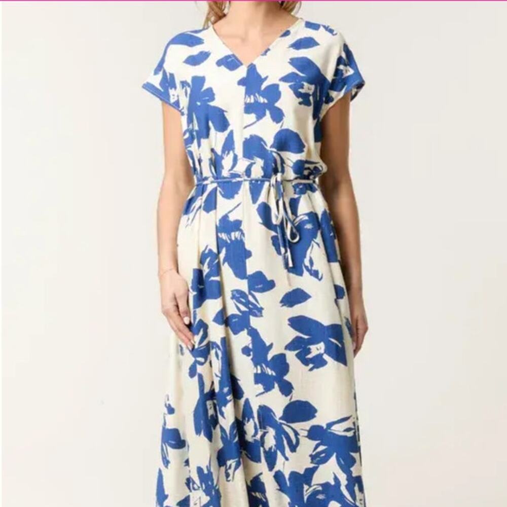 M&V Floral Print Tie Belt Midi Dress in blue white Size L/XL - Picture 2 of 13